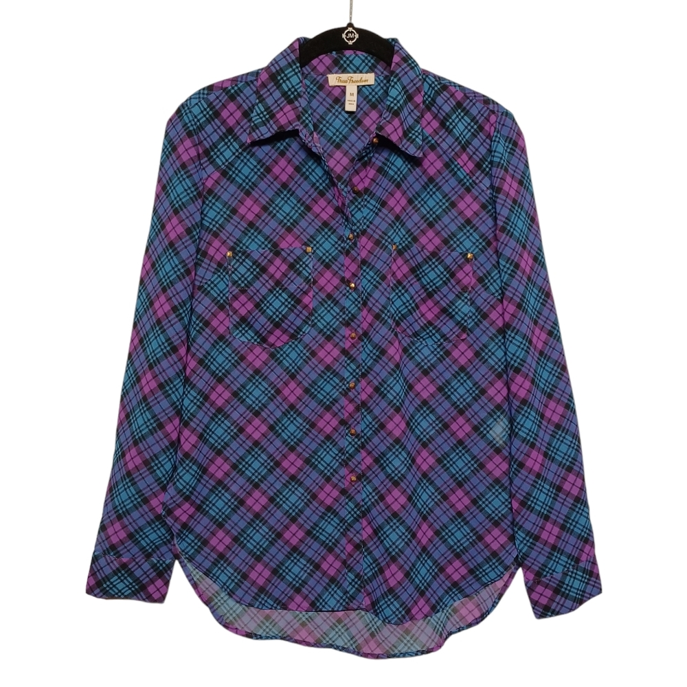 TRUE FREEDOM Purple Blue Black Plaid Print Long Sleeve Button Medium Juniors Top